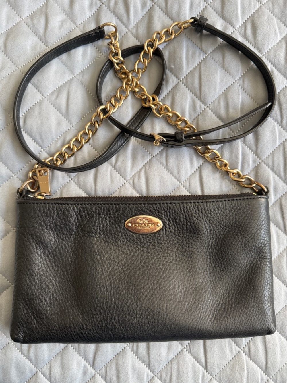 Coach Black Pebbled Leather Crossbody with Gold Chain Strap